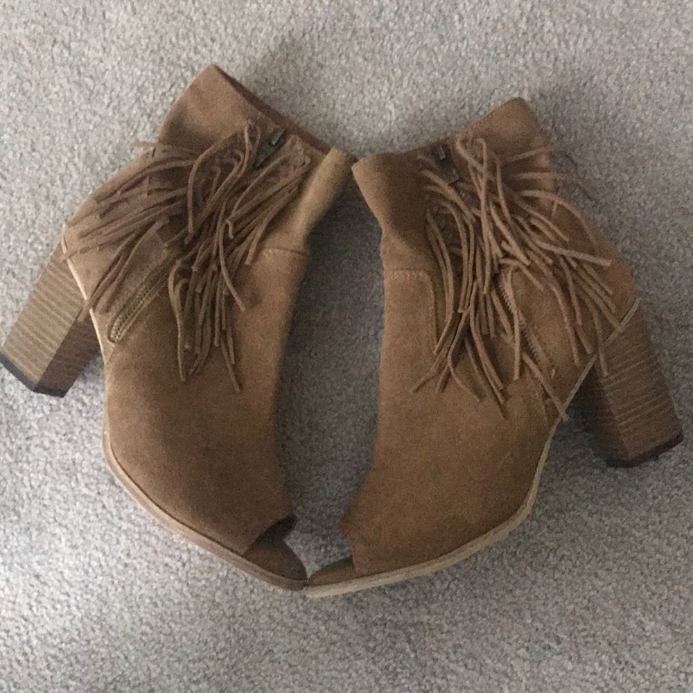 MIA CODY Suede fringe booties with open toe